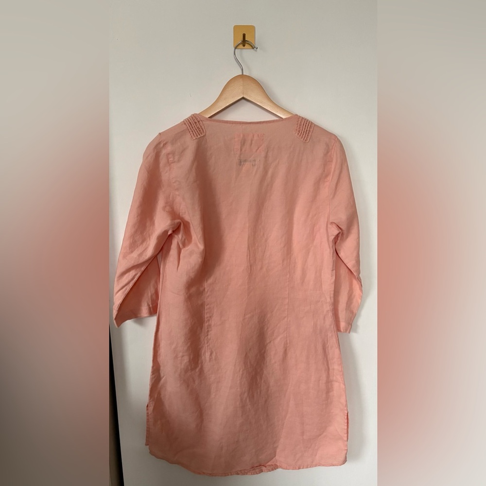 Medium Malvin "I Love Linen" Peach Tunic Dress 3/4 Sleeve Crochet Lace Trim - Picture 4 of 5